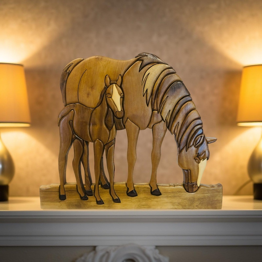 Intarsia Handcrafted Horse Wood Walnut Wall Art